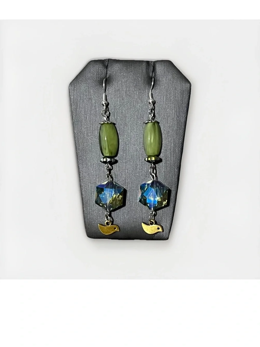 Handmade Beaded Dangle Earrings Olive Green Crystal Drop Gold Bird Charm Boho